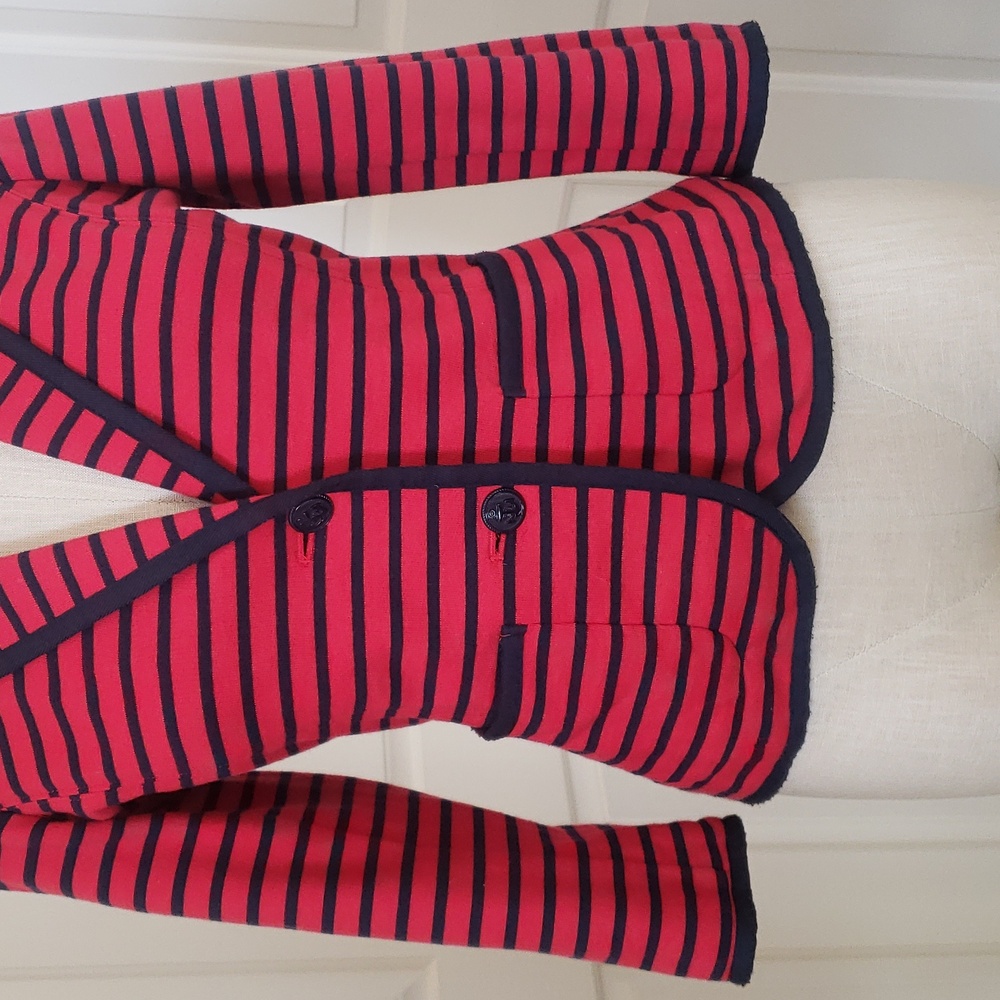TALBOTS Nautical Striped Knit Blazer Jacket Red Navy XS Petite Anchor Button - Picture 8 of 12